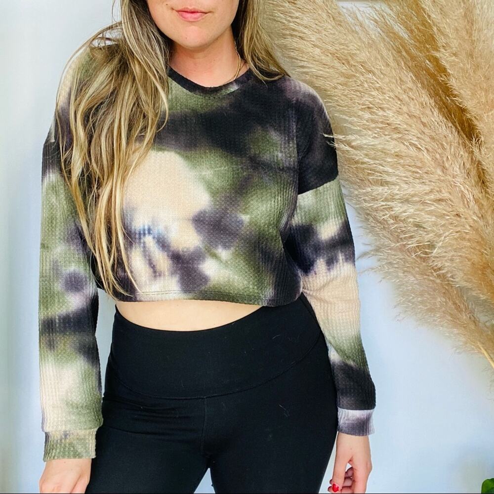 PUBLIK Black Cream Green Tie Dye Thermal Waffle Long Sleeve Tee Shirt Crop Top L